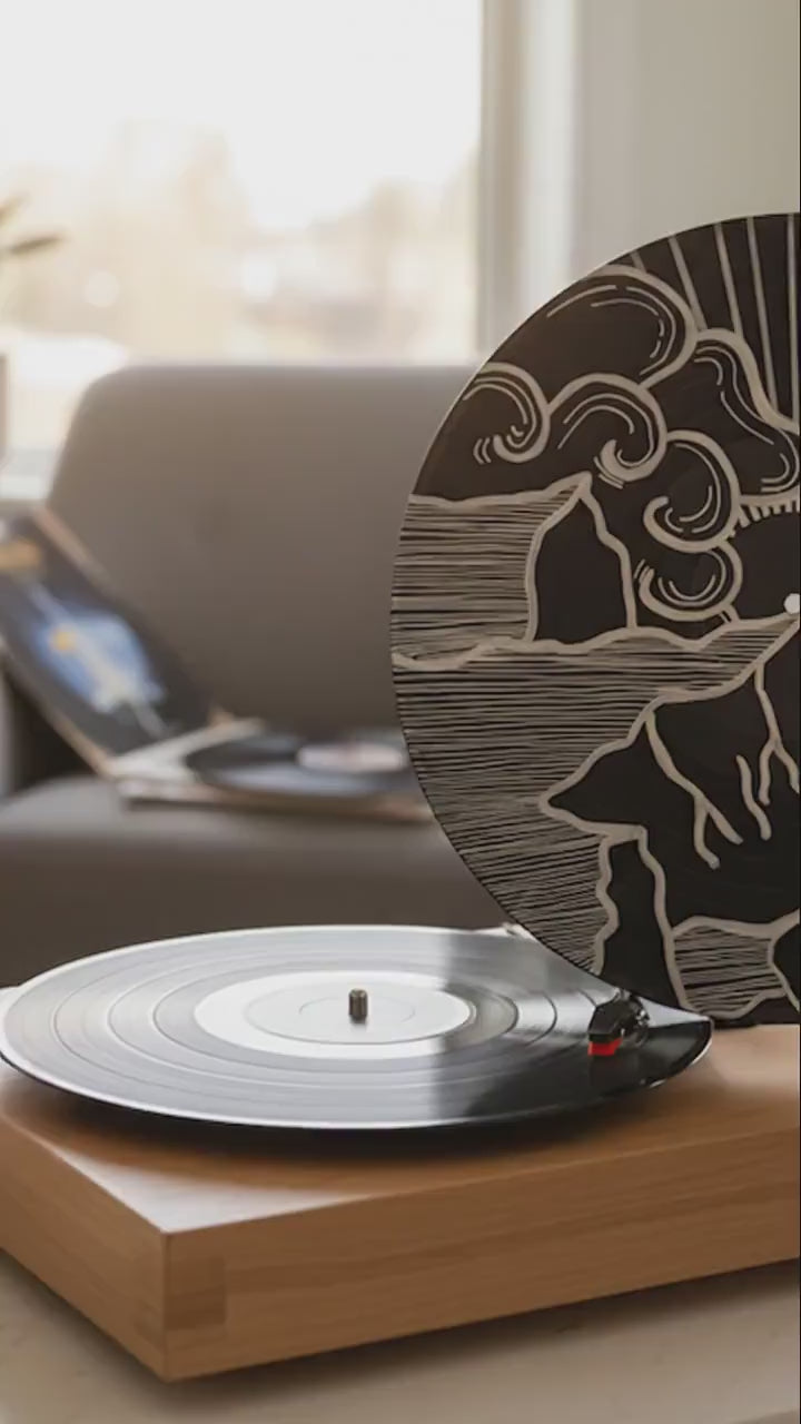 Hand Painted Vinyl Record Art – Mountain Sun, Modern Black and White Decor